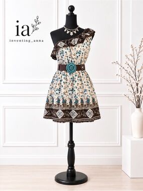 Blu Pepper Blue Brown Floral Paisley One Shoulder Boho Dress